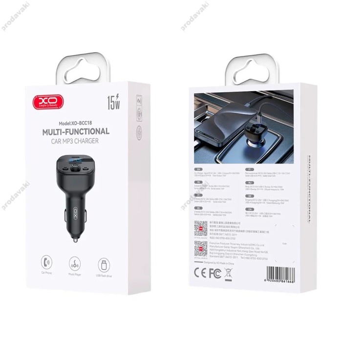 FM - трансмітер XO BCC18 Smart Bluetooth MP3 Car Charger Type-C 3A Black