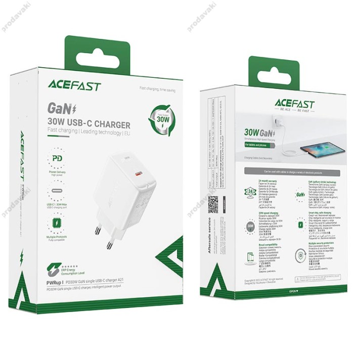 Мережевий зарядний пристрій ACEFAST A21 GaN USB-C fast charger 30W White