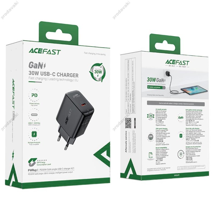 Мережевий зарядний пристрій ACEFAST A21 GaN USB-C fast charger 30W Black