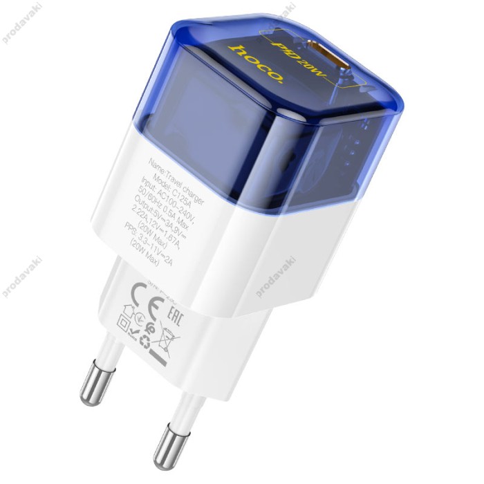 Мережевий зарядний пристрій HOCO C125A Transparent tribute single-port Type-C cable 20W Transparent-blue