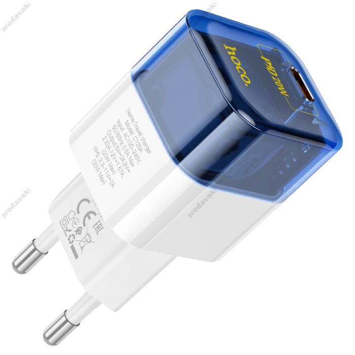 Мережевий зарядний пристрій HOCO C125A Transparent tribute single-port Type-C cable 20W Transparent-blue