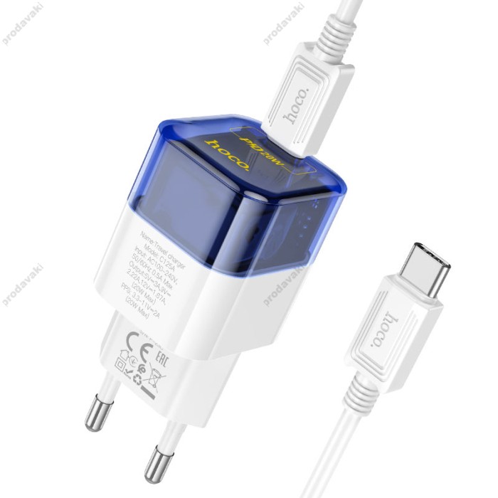 Мережевий зарядний пристрій HOCO C125A Transparent tribute single-port Type-C cable 20W Transparent-blue