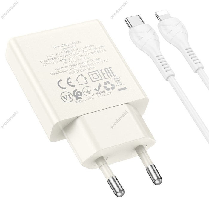 Мережевий зарядний пристрій HOCO N44 Biscuit single port charger Lightning cable 30W Moonlight white