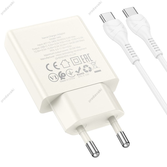 Мережевий зарядний пристрій HOCO N44 Biscuit single port charger Type-C cable 30W Moonlight white