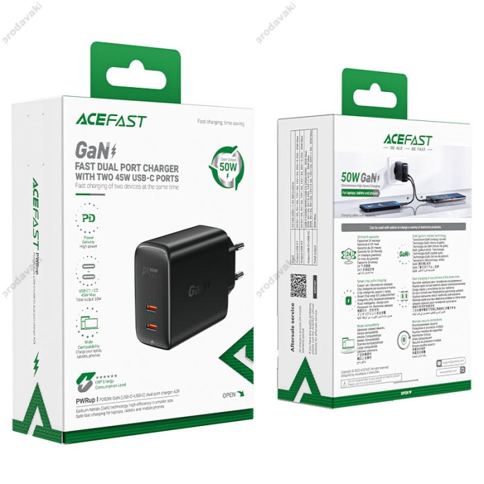 Мережевий зарядний пристрій ACEFAST A29 GaN charger 50W Black