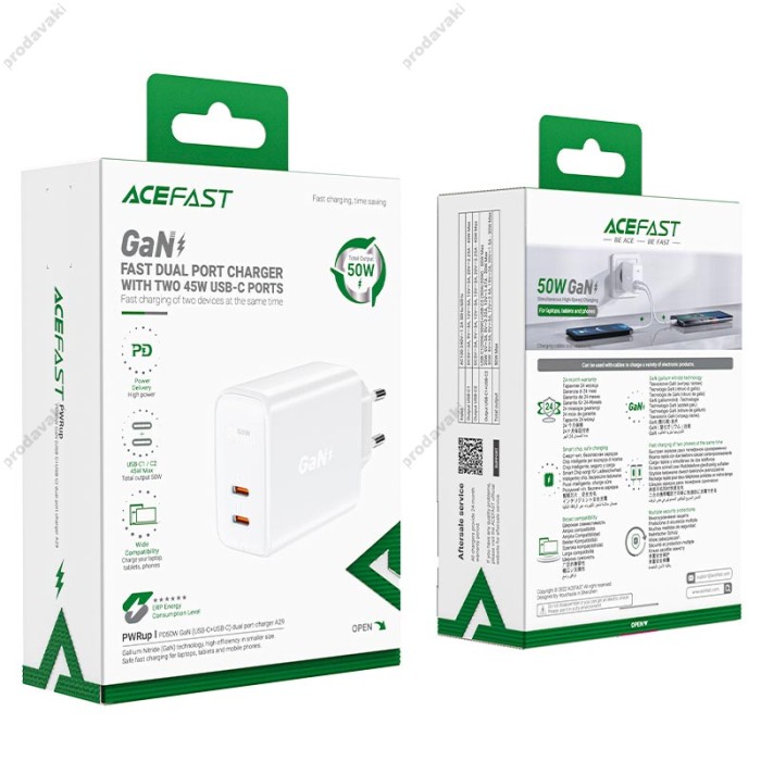 Мережевий зарядний пристрій ACEFAST A29 GaN charger 50W White