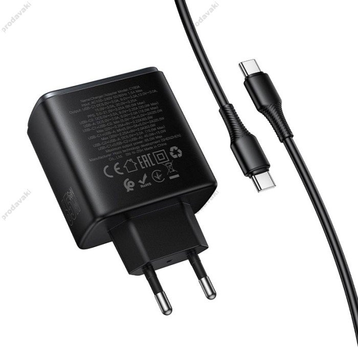 Мережевий зарядний пристрій HOCO C160A Upgrade PD charger Type-C cable 65W Black