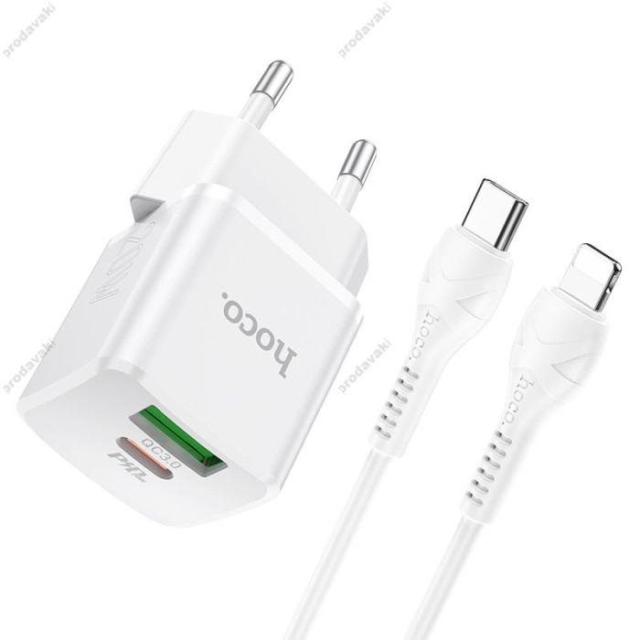 Мережевий зарядний пристрій HOCO N20 Prestige charger Lightning cable 20W White