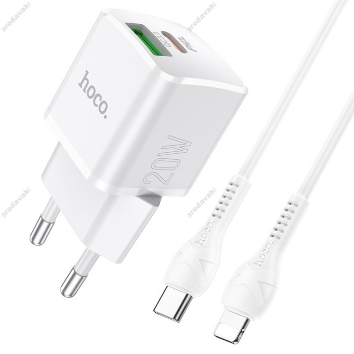 Мережевий зарядний пристрій HOCO N20 Prestige charger Lightning cable 20W White