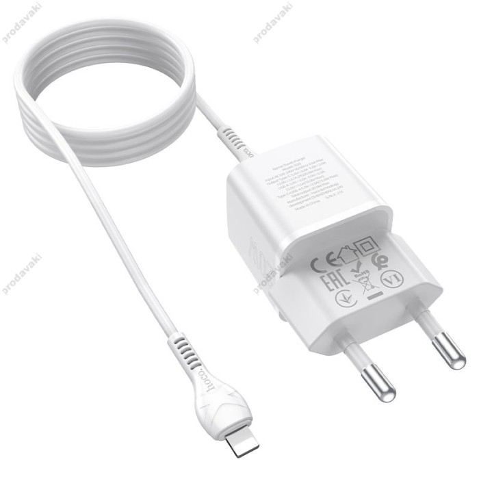 Мережевий зарядний пристрій HOCO N20 Prestige charger Lightning cable 20W White