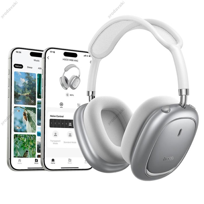 Бездротові Bluetooth навушники Hoco W68 Calma ANC noise-canceling headphones BT 6.0 Silver