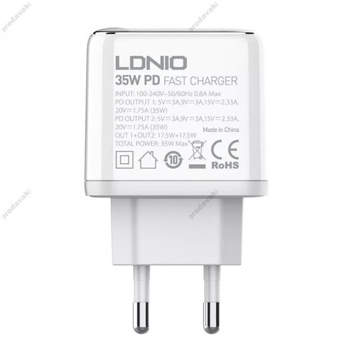 Мережевий зарядний пристрій LDNIO A2528C Home Charger PD 2xUSB-C 35W White