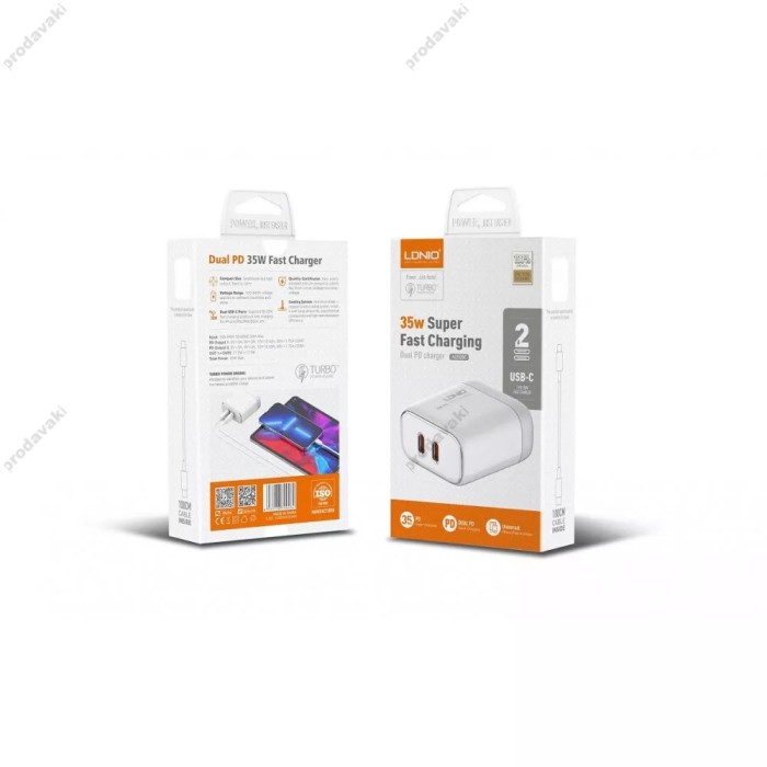 Мережевий зарядний пристрій LDNIO A2528C Home Charger PD 2xUSB-C 35W White