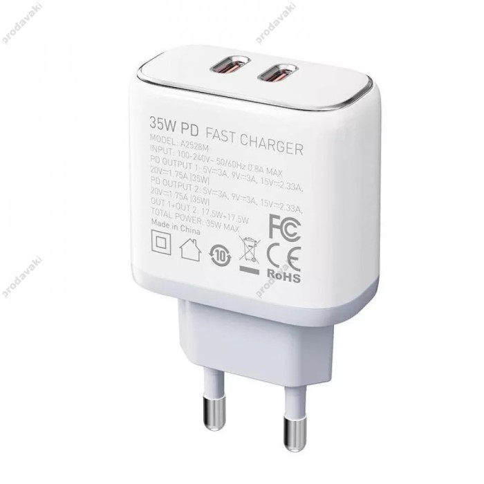 Мережевий зарядний пристрій LDNIO A2528C Home Charger PD 2xUSB-C 35W White