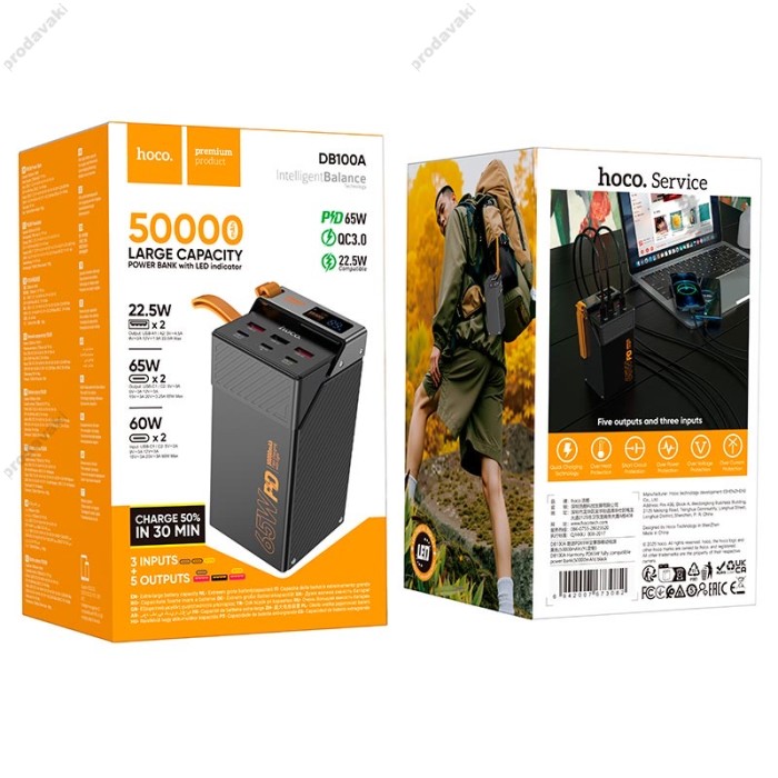 Повербанк портативний акумулятор Power bank Hoco DB100A Harmony fully compatible 65W 50000 mAh Black
