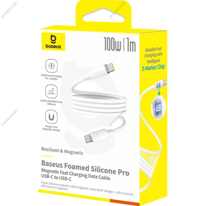 Кабель Baseus Foamed Silicone Pro Magnetic Tipe-C to Type-C 100W 5A 1m White E0426D01