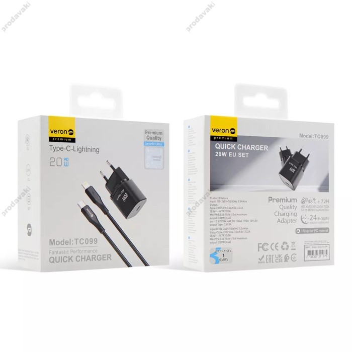 Мережевий зарядний пристрій Veron TC-099 Lightning cable 20W Black