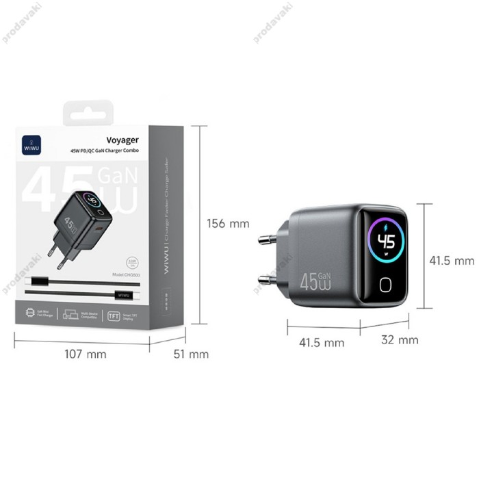 Мережевий зарядний пристрій Wiwu CHG500 GaN Charger Combo 45W Black