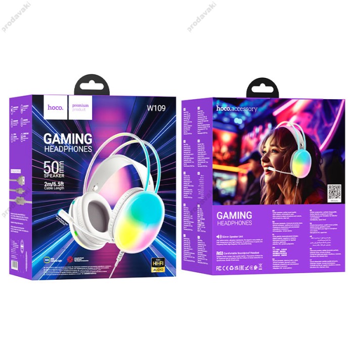 Дротові навушники HOCO W109 Rich gaming headphones RGB AUX+USB White