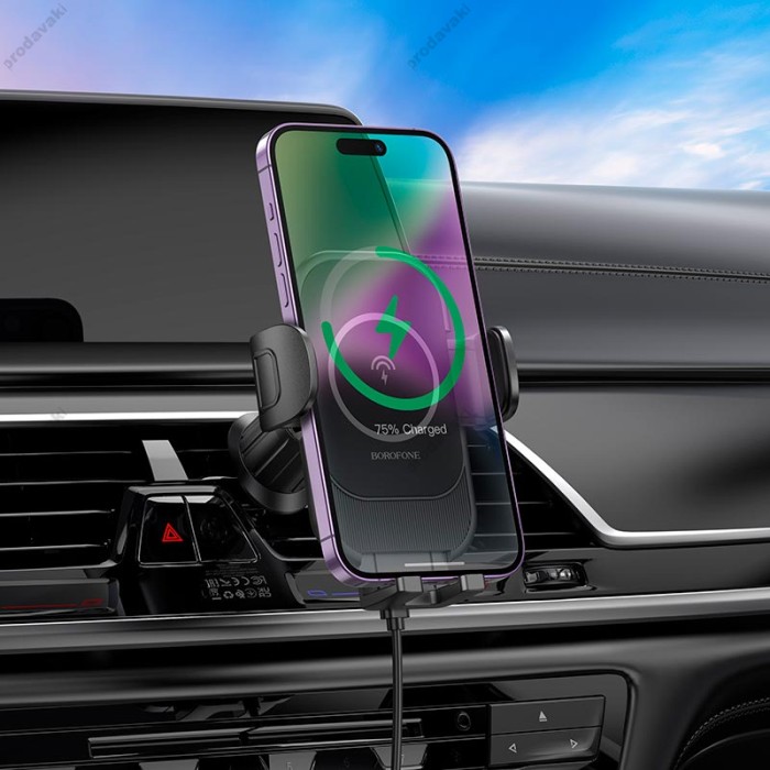 Автомобільний тримач із бездротовою зарядкою BOROFONE BH204 Blue Charm wireless (air outlet) 15W Black