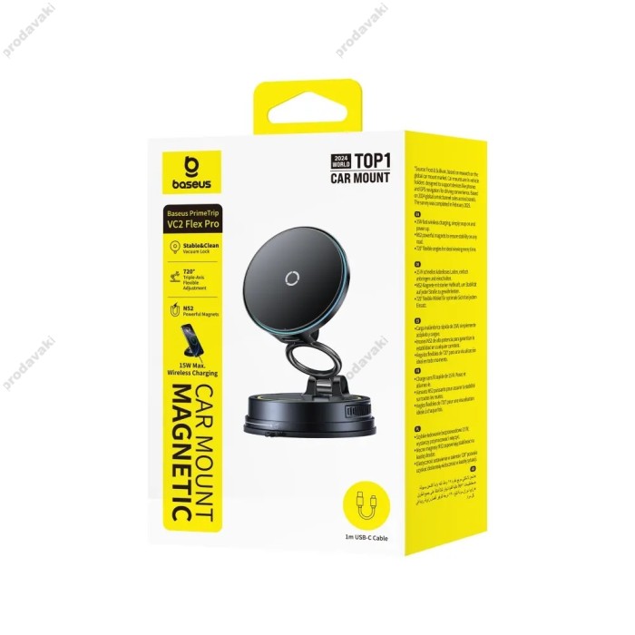 Автомобільний тримач із бездротовою зарядкою Baseus PrimeTrip VC2 Flex Pro Magnetic Wireless Suction Cup Version Black C0013F01