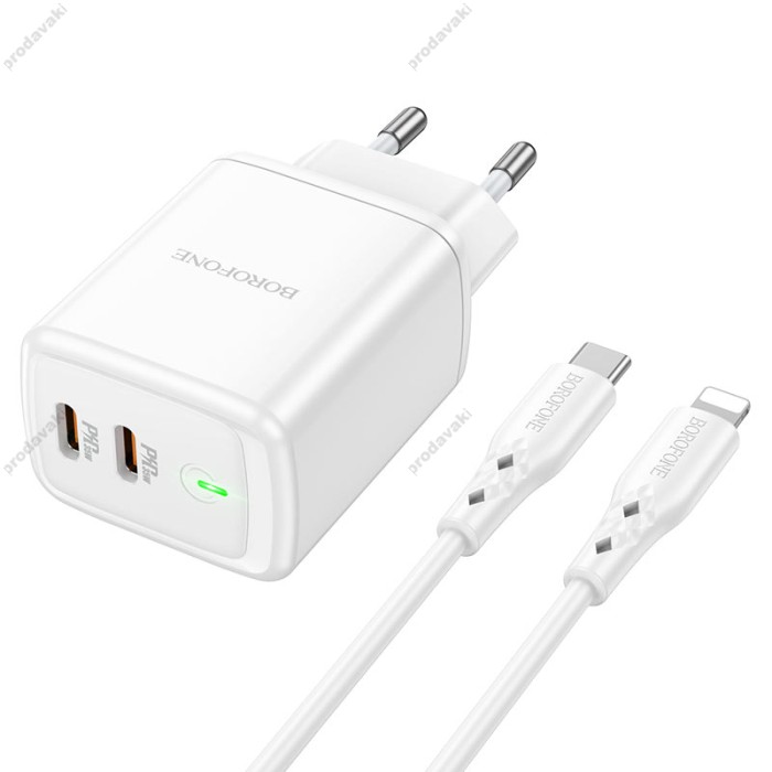 Мережевий зарядний пристрій Borofone BN9 Reacher dual port charger Lightning cable 35W White
