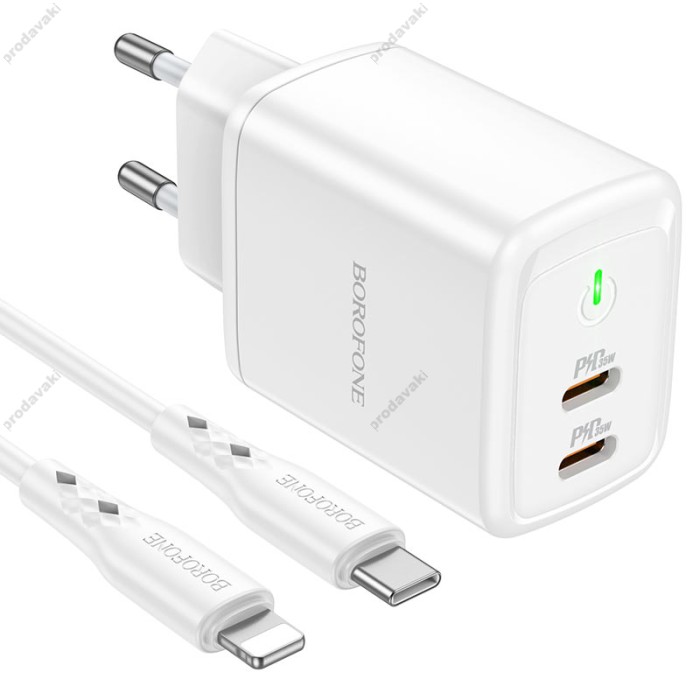 Мережевий зарядний пристрій Borofone BN9 Reacher dual port charger Lightning cable 35W White