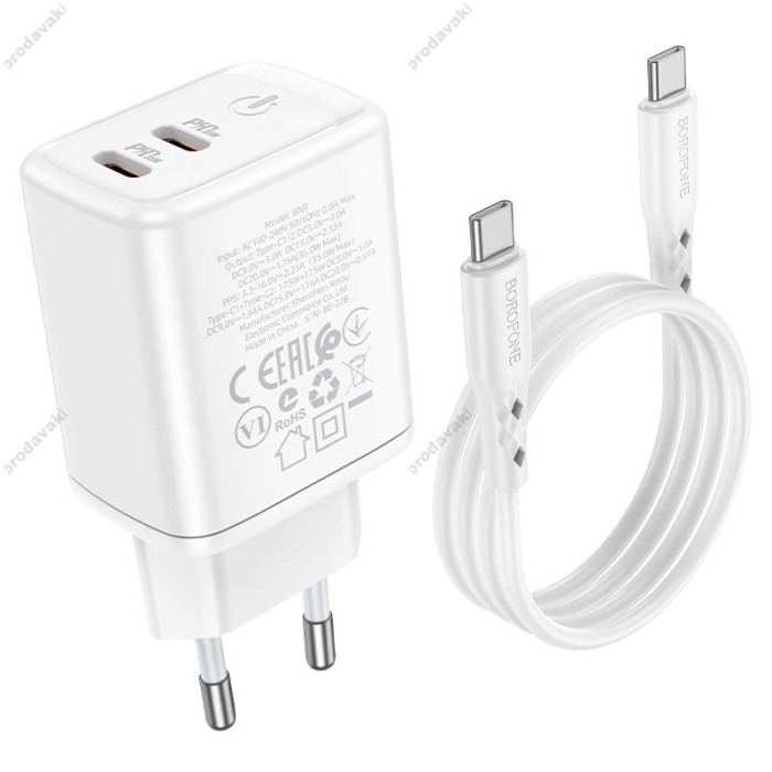 Мережевий зарядний пристрій Borofone BN9 Reacher dual port charger Type-C cable 35W White