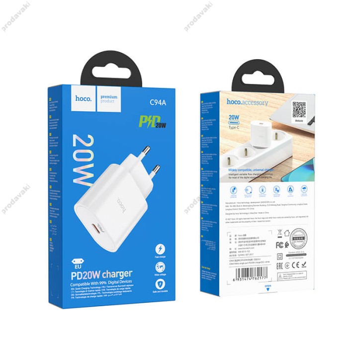 Мережевий зарядний пристрій HOCO C94A Metro single port charger 20W White
