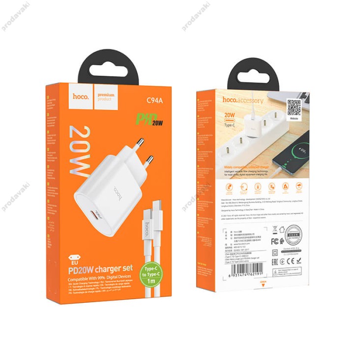 Мережевий зарядний пристрій HOCO C94A Metro single port charger Type-C cable 20W White