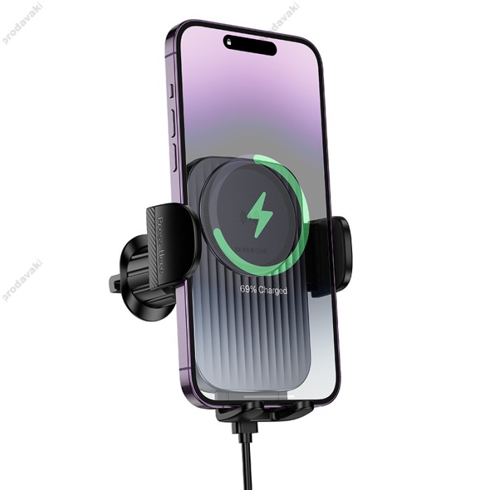 Автомобільний тримач із бездротовою зарядкою BOROFONE BH221 Path push-type (air outlet) 15W Black
