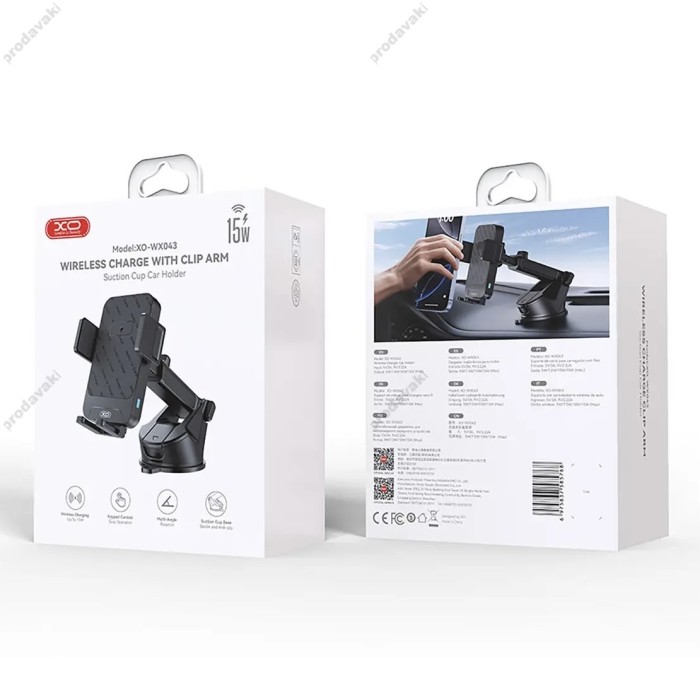 Автомобільний тримач із бездротовою зарядкою XO WX043 Wireless Charger Suction Cup Model 15W Black