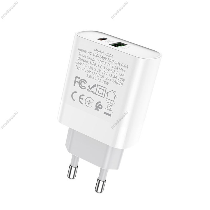Мережевий зарядний пристрій Hoco C80A Rapido charger Type-C cable 20W White
