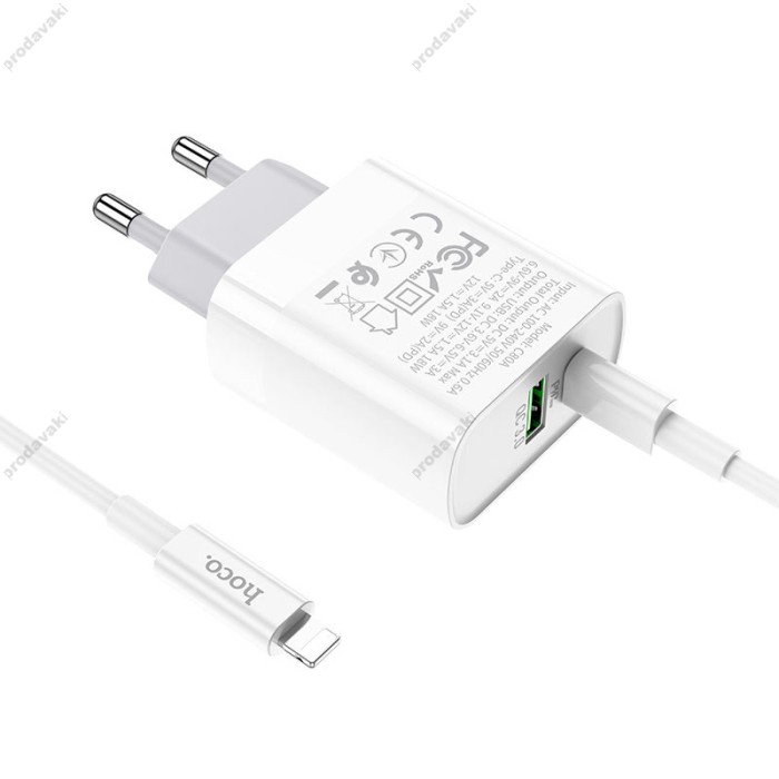 Мережевий зарядний пристрій Hoco C80A Rapido charger Lightning cable 20W White