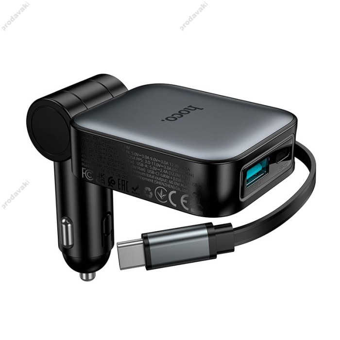 Автомобільний зарядний пристрій Hoco Z67 Triunfar car charger with telescopic Type-C cable 60W Grey
