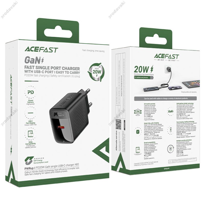 Мережевий зарядний пристрій ACEFAST A82 GaN single USB-C charger 20W Black