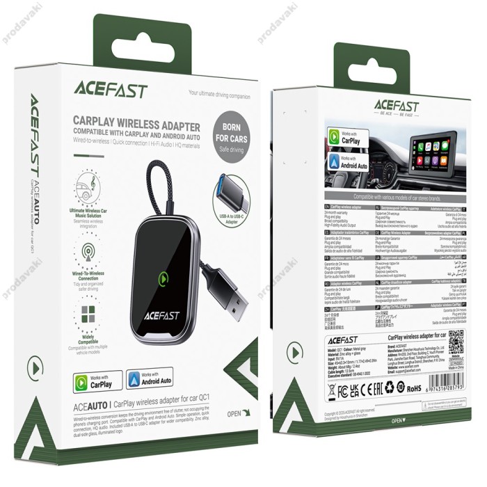 Автомобільний бездротовий адаптер Carplay/Android Auto ACEFAST QC1 Wireless Adapter for Car Grey