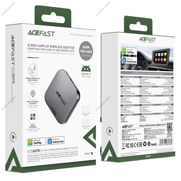 Автомобільний бездротовий адаптер Carplay/Android Auto ACEFAST QC2 Wireless Adapter for Car Grey