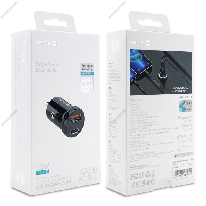Автомобільний зарядний пристрій Veron CC-330 30W Black