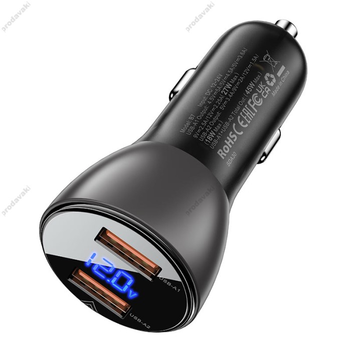 Автомобільний зарядний пристрій ACEFAST B7 metal Car charger 5A 45W Black