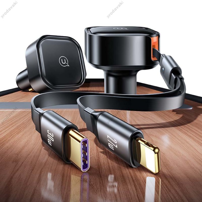 Автомобільний зарядний пристрій USAMS US-CC219 C41 Car Charger With 2in1 Retractable 30W CC219CC01