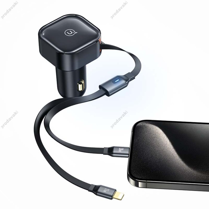 Автомобільний зарядний пристрій USAMS US-CC219 C41 Car Charger With 2in1 Retractable 30W CC219CC01