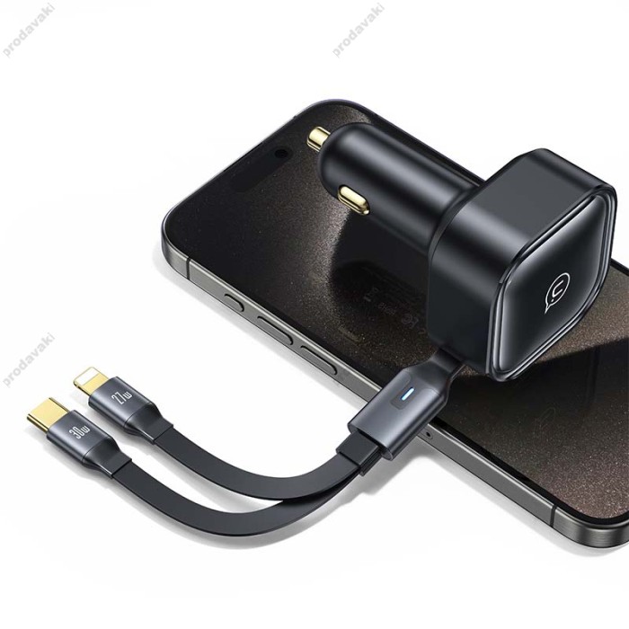 Автомобільний зарядний пристрій USAMS US-CC219 C41 Car Charger With 2in1 Retractable 30W CC219CC01