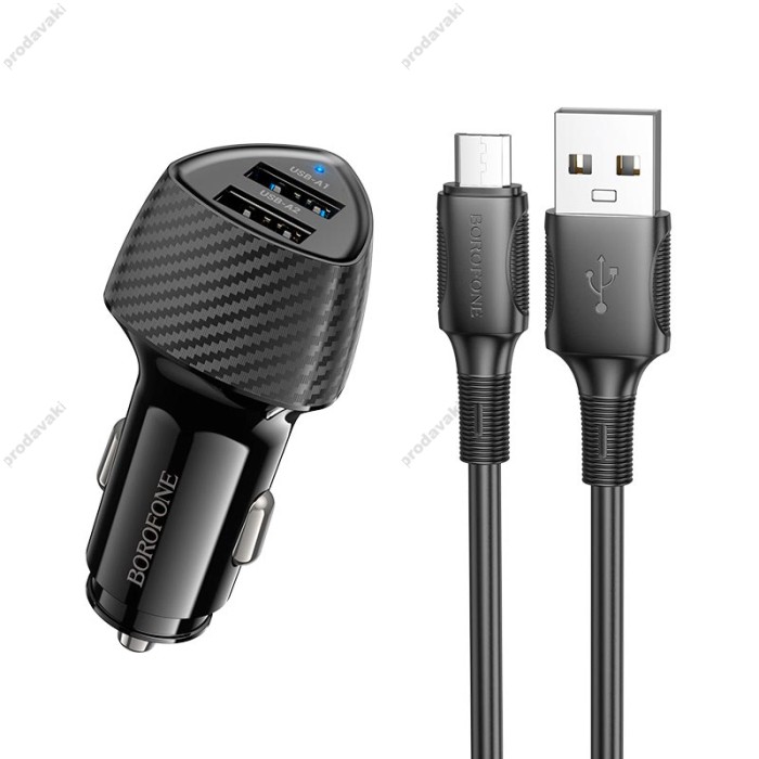 Автомобільний зарядний пристрій BOROFONE BZ31A Solid dual-port Micro USB Set 3.4A 17W Black