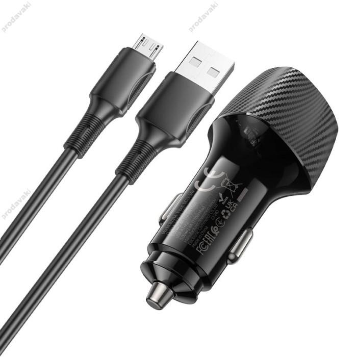 Автомобільний зарядний пристрій BOROFONE BZ31A Solid dual-port Micro USB Set 3.4A 17W Black