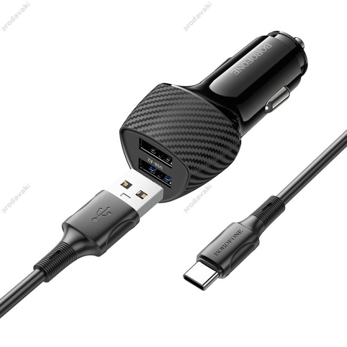 Автомобільний зарядний пристрій BOROFONE BZ31A Solid dual-port Type-C Set 3.4A 17W Black