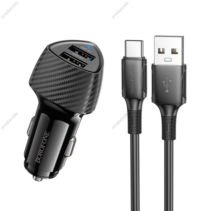 Автомобільний зарядний пристрій BOROFONE BZ31A Solid dual-port Type-C Set 3.4A 17W Black