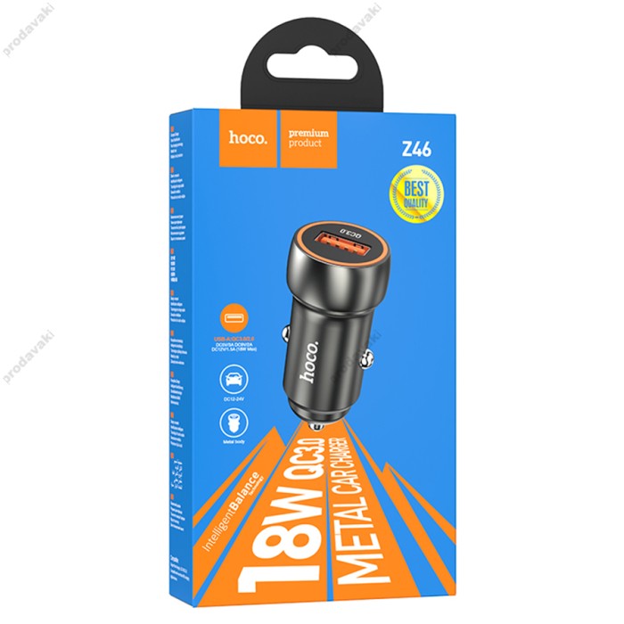 Автомобільний зарядний пристрій Hoco Z46 Blue shield single port 18W Grey
