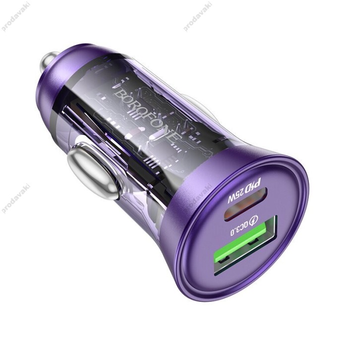 Автомобільний зарядний пристрій BOROFONE BZ20A Shadow Lightning Cable 3A 43W Transparent Purple