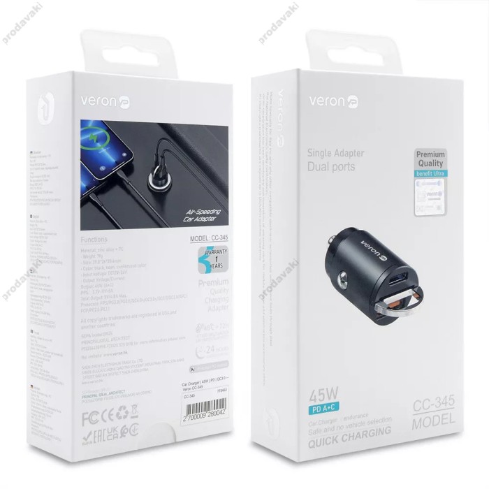 Автомобільний зарядний пристрій Veron CC-345 45W Black
